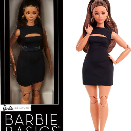 Barbie Mattel Basics Model 05 Collector Doll with Brunette Hair, Black Mini Dress & Heels, Universal-fit Fashions, Posable Curvy Body & Swappable Doll Head, JBH73