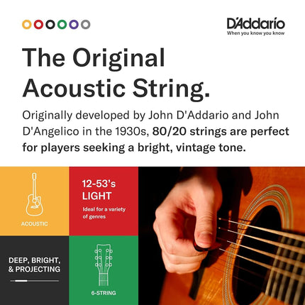 D'Addario Guitar Strings - Acoustic Guitar Strings - 80/20 Bronze - For 6 String Guitar - Deep, Bright, Projecting Tone - EJ11 - Light, 12-53