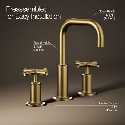Grifo de lavabo de baño Purist KOHLER K-14406-3-2MB, manijas cruzadas bajas extendidas y caño de cuello de cisne bajo, latón moderno cepillado vibrante