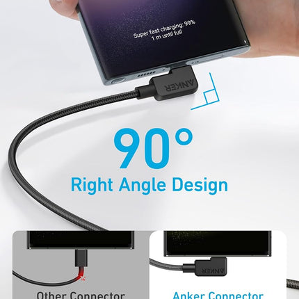 Anker USB C Charging Cable with Angled Plug, 180 cm x 2, USB A to 90 Degree USB C Robust Braided Cable, Right Angle, Compatible with iPhone 16/15, Galaxy Note 10/S10, Huawei, LG, Smartphone (USB 2.0)
