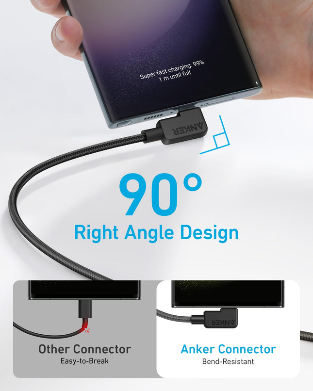 Cable de carga USB C Anker con enchufe en ángulo, 180 cm x 2, USB A a USB C en ángulo de 90 grados, cable trenzado robusto, ángulo recto, compatible con iPhone 16/15, Galaxy Note 10/S10, Huawei, LG, smartphone (USB 2.0)