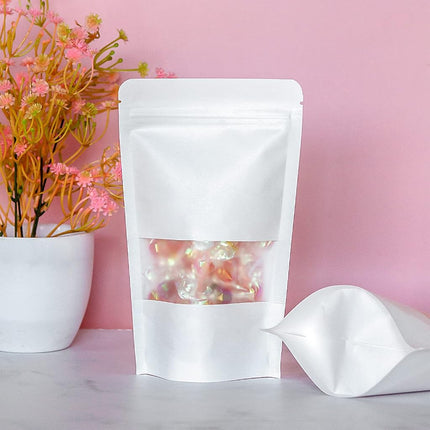 SumDirect 100Pcs White Kraft Stand Up Bags,Self-Sealing Zipper Food Pouches with U-Notch and Matte Window (100, 4.7x7.8inches)