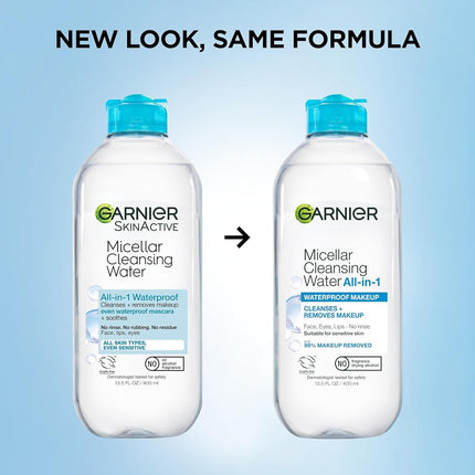 Garnier SkinActive Micellar Water For Waterproof Makeup, Facial Cleanser & Makeup Remover, 13.5 Fl Oz (400mL), 1 Count (Packaging May Vary)