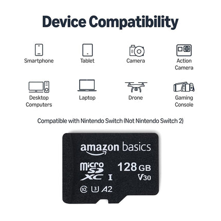 Amazon Basics microSDXC Memory Card with Full Size Adapter, A2, U3, Read Speed up to 100 MB/s, 128GB, Black