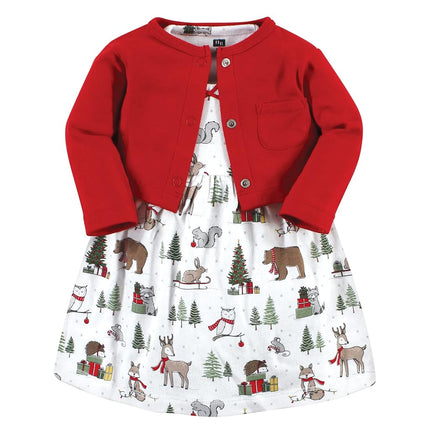 Hudson Baby Conjunto de Vestido y Cárdigan de Algodón para Bebés Niñas, Bosque de Invierno Rojo, 5T