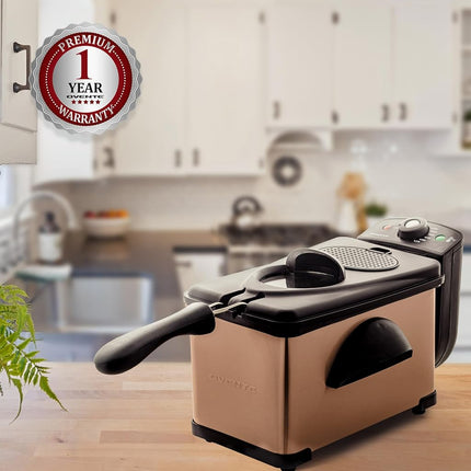 Friteuse Électrique OVENTE 2 Litres, 1500W, Couvercle avec Fenêtre de Visualisation et Filtre Anti-Odeur, Température Réglable, Panier de Friteuse Amovible et Corps en Acier Inoxydable Facile à Nettoyer, Cuivre FDM2201CO