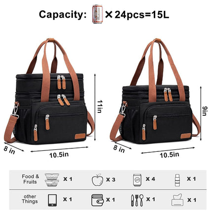 Weitars Lunch Bag for Women Men-Dual Compartment Large Lunch Box for Men Adult Lunch Box for Nurse Office Working Picnic Hiking (15L, Black/Kahki)