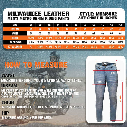 Milwaukee Leather MDM5002 Men's Blue Armored Motorcycle Riding Denim Jeans Reinforced with Aramid Fibers - 44