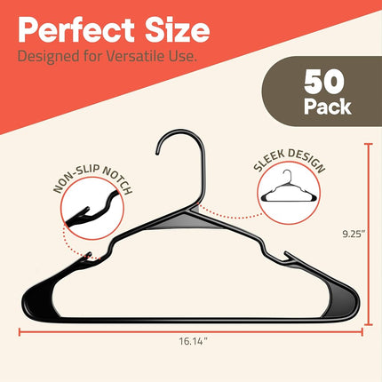 Premium Clothes Hangers – Space-Saving Slim Design, Lightweight and Durable Plastic with Smart Shoulder Grooves, Versatile Usage for Organizing Laundry, Coats, and Clothes, Black, Pack of 50