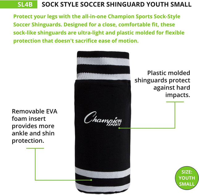 Champion Sports Youth Sock Style Striped Soccer Shinguards, Black/White, 4-6 Years/Small