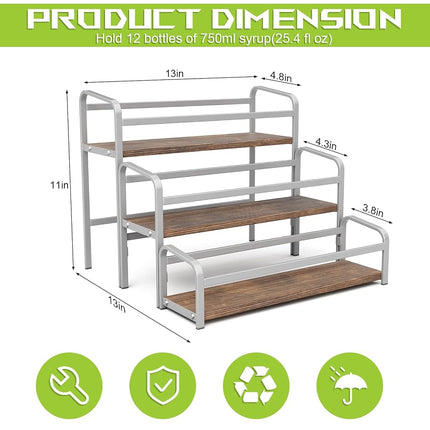 3-Tier Coffee Syrup Rack for Countertop, Large Capacity 12-Bottles Syrup Stand with Wood Shelf & Metal Frame for Coffee Bar, Premium Grey Coffee Organizer Station/Wine Rack for Kitchen Storage