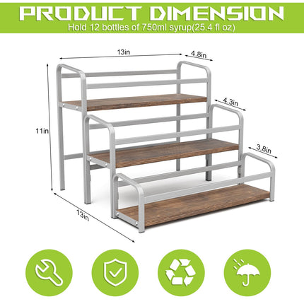 3-Tier Coffee Syrup Rack for Countertop, Large Capacity 12-Bottles Syrup Stand with Wood Shelf & Metal Frame for Coffee Bar, Premium Grey Coffee Organizer Station/Wine Rack for Kitchen Storage