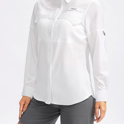 Pudolla Women's UPF 50+ UV Sun Protection Shirts Long Sleeve Fishing Hiking Shirt Cool Lightweight Travel Safari Shirts, A-white, X-Small