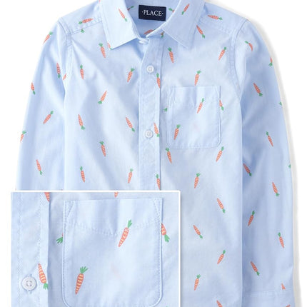 Chemises à manches longues boutonnées pour garçon The Children's Place, imprimé carottes bleues, très grand