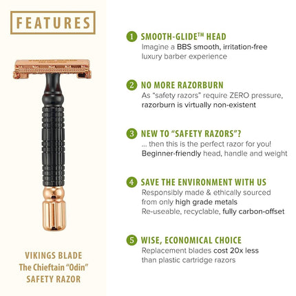 VIKINGS BLADE The Chieftain ODIN Double Edge Safety Razor, Obsidian Black & Rose Gold Plated (Neutrally Aggressive)