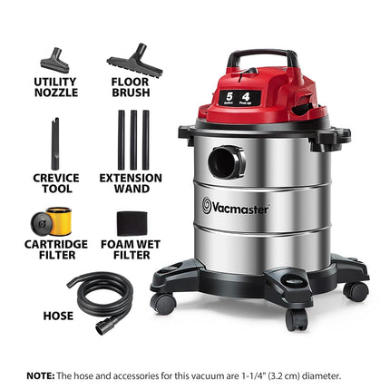 Vacmaster Red Edition VOC508S 1101 Stainless Steel Wet Dry Shop Vacuum 5 Gallon 4 Peak HP 1-1/4 inch Hose Powerful Suction with Blower Function