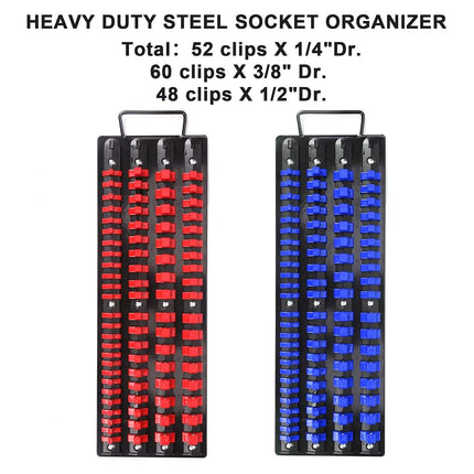 CASOMAN 80-Piece Portable Socket Organizer Tray, 2 Pcs Set, Blue & Red, 1/4-Inch, 3/8-Inch, 1/2-Inch,Heavy Duty Socket Organizer, Black Rails, Blue & Red Clips