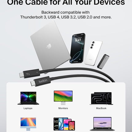 Belkin Active Thunderbolt 4 USB-C Cable, USB Type C Connection with 100W Power Delivery PD Enabled, USB 4 Compliant and Compatible with TB3 Compatible with MacBook Pro, iPhone 15 Pro, more, 2m