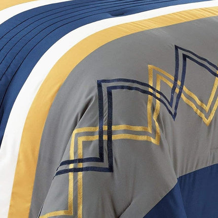 Chezmoi Collection Arden 7-Piece Modern Pleated Stripe Embroidered Zigzag Bedding Comforter Set (California King, Navy/Gray/Yellow/White)