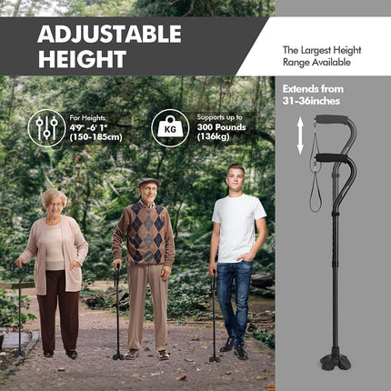 GPTCAMP Walking Cane Quad Base Self Standing 300lbs for Seniors