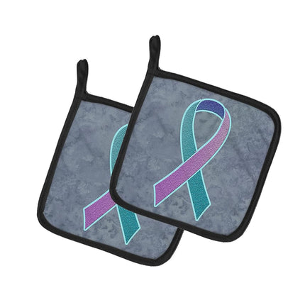 Caroline's Treasures Teal, Pink & Blue Ribbon For Thyroid Cancer Awareness Pair of Pot Holders, 7.5HX7.5W, Multicolor