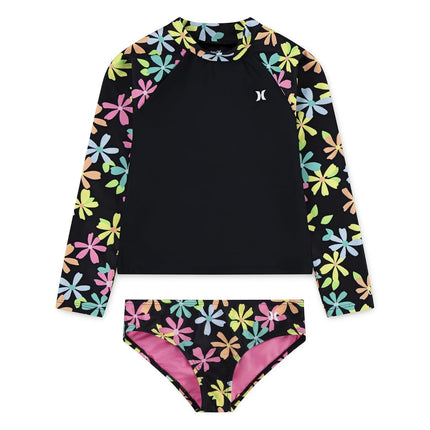 Maillot de bain deux pièces Hurley à manches longues pour fille, motif floral noir/multicolore, taille 14