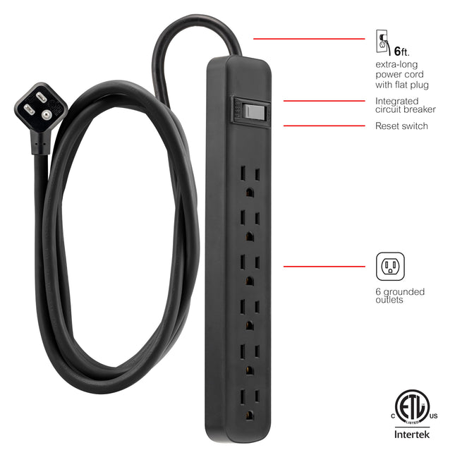 GE 6-Outlet General Purpose Power Strip, 6-Ft Cord, Black, 14088