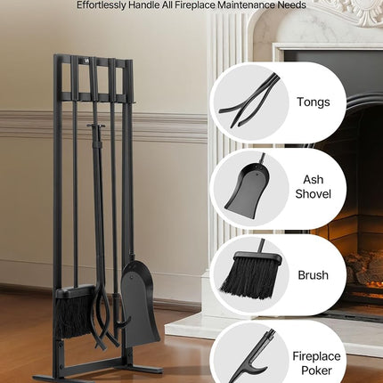 VEVOR Fireplace Tool Set, 5 PCS Fire Tool Set and Holder with Square-Frame Stand, Tongs, Ash Shovel, Brush, Fire Place Poker, Wrought Iron Steel Fireplace Accessories for Indoor/Outdoor, Black
