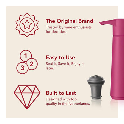 Vacu Vin Original Wine Saver with 4 Vacuum Bottle Stoppers – Wine Preserver Pump for Red or White Wine – Manual Air Remover System – Airtight Seal – Keep Wine Fresh Longer – Pink