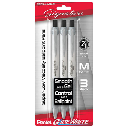 Pentel Glidewrite Signature Ballpoint Pen, (1.0mm) Medium, White Barrel, Black Ink, 3-pk (BX930WBP3A)