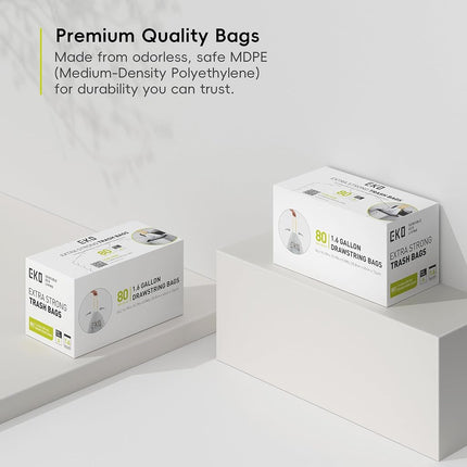 EKO Easy-Dispense Roll 80 Count Extra-Strong Drawstring Small Trash Bag, 1.6 Gallon Trash Bag (3-6L) 1 Pack White, Code A