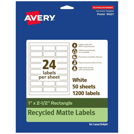 Etiquetas rectangulares recicladas Avery EcoFriendly de color blanco mate, de 1" x 2.5", etiquetas blancas mate, adhesivo permanente, imprimibles con láser/inyección de tinta, 1,200 en total
