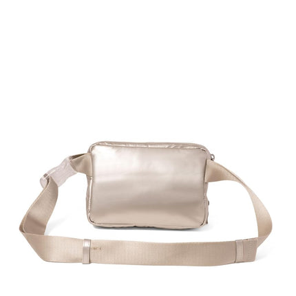 Baggallini Modern Belt Bag 5x8 Travel Fanny Pack Sling Bag Waistpack w/RFID Card Holder Water-Resistant Crossbody Bag, Platinum Ecopuff, One Size