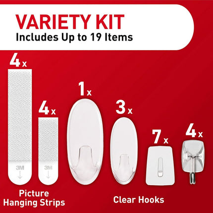 Command Variety Pack, Picture Hanging Strips, Wire Hooks and Wall Hooks, Damage Free Hanging Clear Variety Pack for Up to 19 Back to School Dorm Organizers, 1 Kit