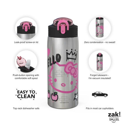 Zak Designs Sanrio Botella de agua para viajes y el hogar, 560 ml, acero inoxidable con aislamiento al vacío con tapa de boquilla de bloqueo, asa de transporte integrada, diseño a prueba de fugas (Hello Kitty)