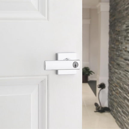 Kwikset Breton Entry Door Handle with Lock and Key, Secure Keyed Reversible Lever Exterior, Doorlock, for Front Entrance and Bedrooms, Polished Chrome, Pick Resistant Smartkey Rekey Security