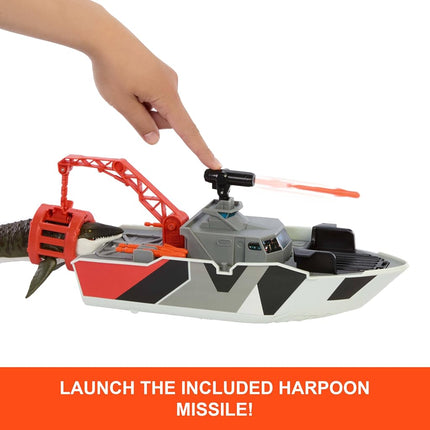 Mattel Jurassic World: Rebirth Matchbox Toy Car Playset, Jurassic World 12.5” Dino Boat with 13” Mosasaurus Dinosaur, 1:64 Die-Cast Jeep, Harpoon Missiles & Detachable Rescue Boat, JGG61