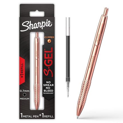 Sharpie S-Gel Pen, Copper Metal Body, Medium Point (0.7mm), Black Ink, Includes 1 Ballpoint Pen and 1 Extra Ink Refill
