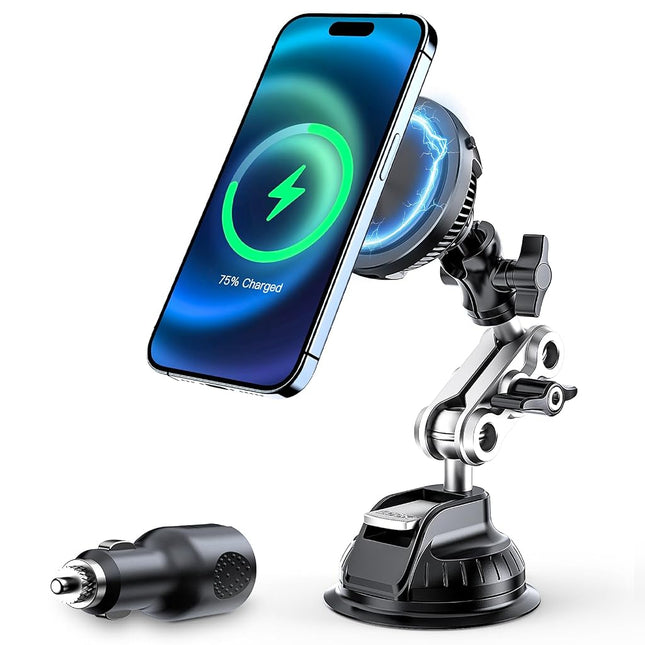 This Hill for MagSafe Car Mount Charger(360° Suction Cup & Aluminum Alloy Telescopic arm),15W Fast Charging Compatible with iPhone 15/14/13/12 Series, Magnetic Car Mount for Dashboard and Windshield