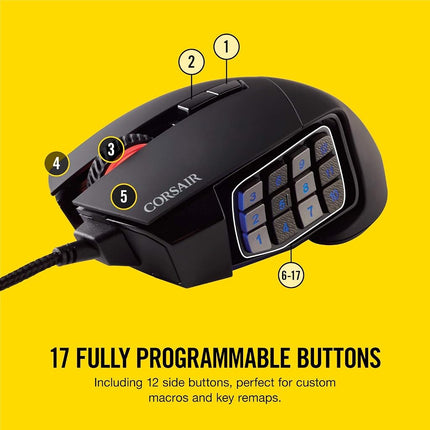 Ratón óptico para juegos MMO Corsair Scimitar Pro RGB (sensor óptico de 16.000 ppp, 12 botones laterales programables, iluminación RGB multicolor de 4 zonas, almacenamiento interno) - Negro