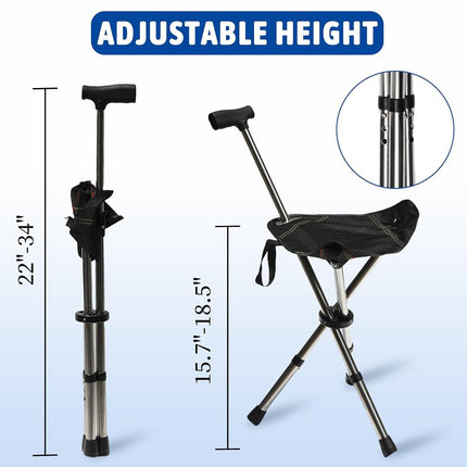 FATTCHIAR Cane with Seat, Cane Chair Capacity 330lbs, Adjustable Height Folding Lightweight Walking Stick with Seats, Portable Stool for Adults Seniors Hiking Camping-Black 34-38"/1.6lbs