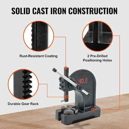 VEVOR Arbor Press, 0.5 Ton Manual Arbor Press, 11.68" Maximum Height, Cast Iron Heavy-duty Manual Desktop Arbor Press, Precision Hand Press for Stamping, Bending, Stretching, Forming