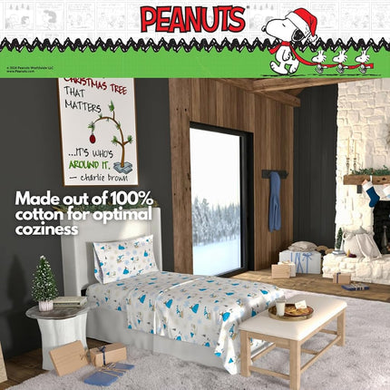Franco Peanuts Snoopy Puffer Coat Holiday Bedding Super Soft 100% Cotton Flannel Sheet Set, Twin, (Officially Licensed Product)