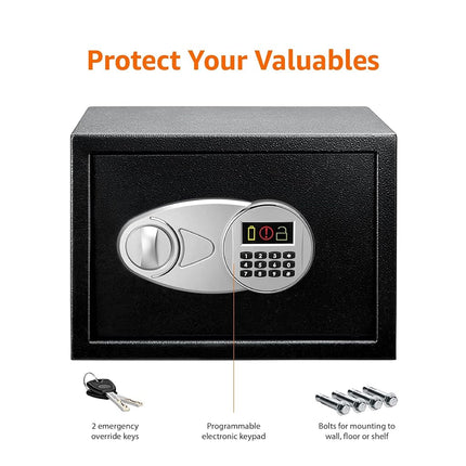 Amazon Basics Steel Security Safe with Digital Keypad - Secure Money, Cash, Jewelry, ID Documents, 14 Litres, 35cm W x 25cm D x 25cm H, Black