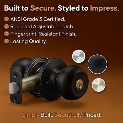 Copper Creek Matte Black Door Knobs - Keyed Entry Function, Locking Door Knob with Key, Locking Interior/Exterior Door Handle, Lockable Door Knob for Bedroom, Bathroom, and Room Doors - 2 Pack