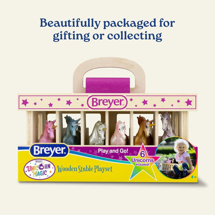 Breyer Bandai Unicorn Magic Wooden Stable Playset, 6 Stablemates 10cm 1:32 Scale Unicorn Toys And Wood Carrying Stable, Plastic Animal Figures Make Great Unicorn Gifts For Girls And Boys