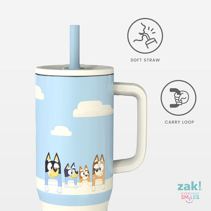 Vaso de viaje Sutton de Bluey de Zak Designs para llevar, de acero inoxidable de 887 ml con aislamiento al vacío, pajita de silicona y asa para bebidas frías (Bluey, Bingo, Bandit, Chilli)