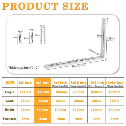 Alise 6x4 Inch Shelf Bracket Stainless Steel Brackets Heavy Duty Corner Brace Support Wall Hanging,4 Pcs Bright White Finish