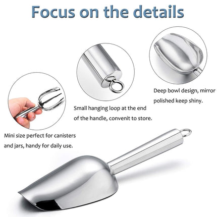 Mini Ice Scoop Set of 6, E-far 3 Ounce Stainless Steel Kitchen Utility Scoops, Ideal for Candy/Ice Cube/Flour/Sugar/Coffee Bean/Protein Powder, Food Grade & Anti Rust, Easy Clean & Dishwasher Safe
