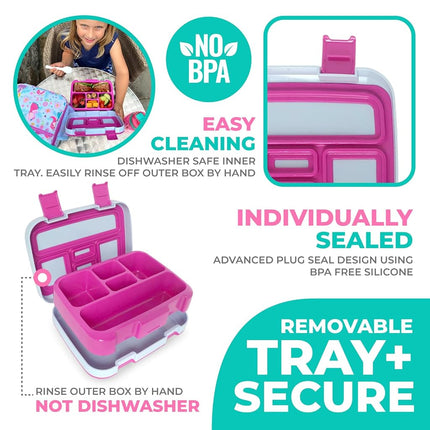 Bento Box, Lunch Bag, Ice Pack Water Bottle Set for Kids - 5 Compartments, Removable Tray, Lunches or Snack Container Girls Toddlers Daycare Pre-School, Kindergarten Pink Fairy Princess
